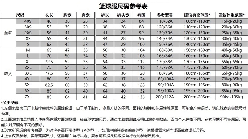 篮球服尺码对照表男图片